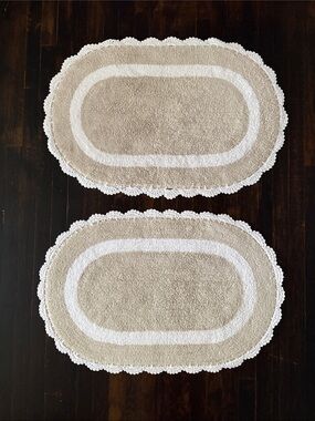 Laura Ashley Eloise Crochet Border Oval Bath Mats Sandshell Beige Set of 2